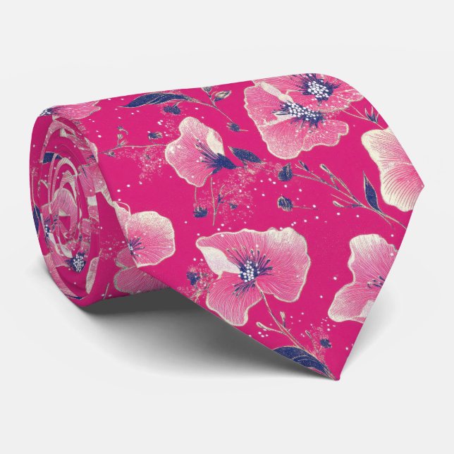 Cravate Vibrant Floral Pattern in Pink, White & Royal Blue (Roulé)