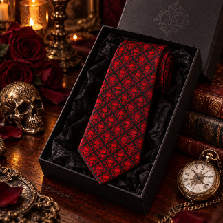 Cravate Victorien Gothique Crânes Rouge Noir Vintage