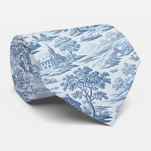 Cravate Village Toile de Jouy en bleu (Roulé)
