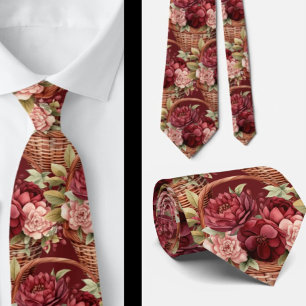 Cravate Vin de Bourgogne Fleurs Bohème Aquarelle