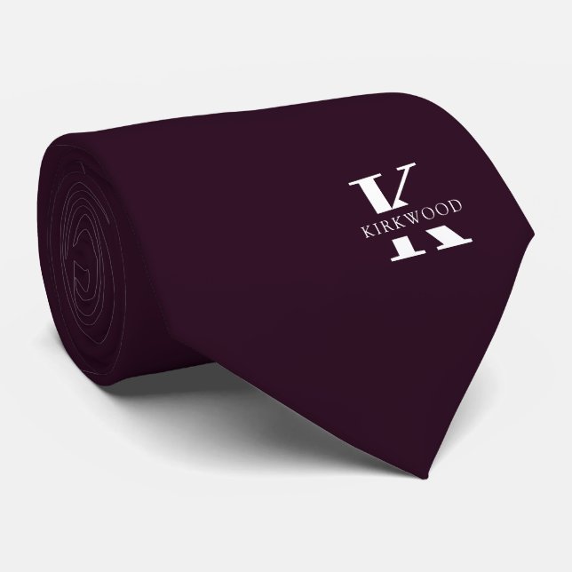 Cravate Vin Violet | Monogramme+Nom Élégant | Un Côté (Roulé)