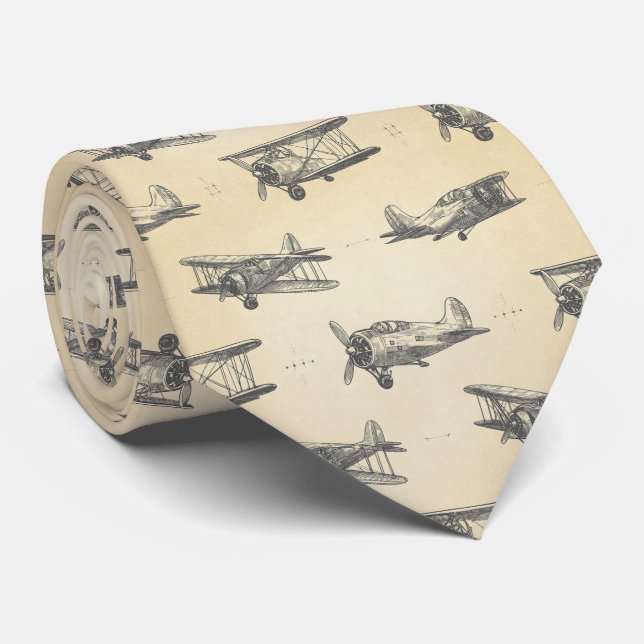 Cravate Vintage Airplane Sketch Pattern (Roulé)