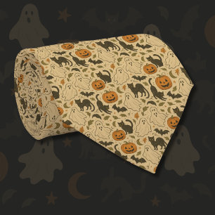 Cravate Vintage Automne Chats noirs et Halloween Citrouill