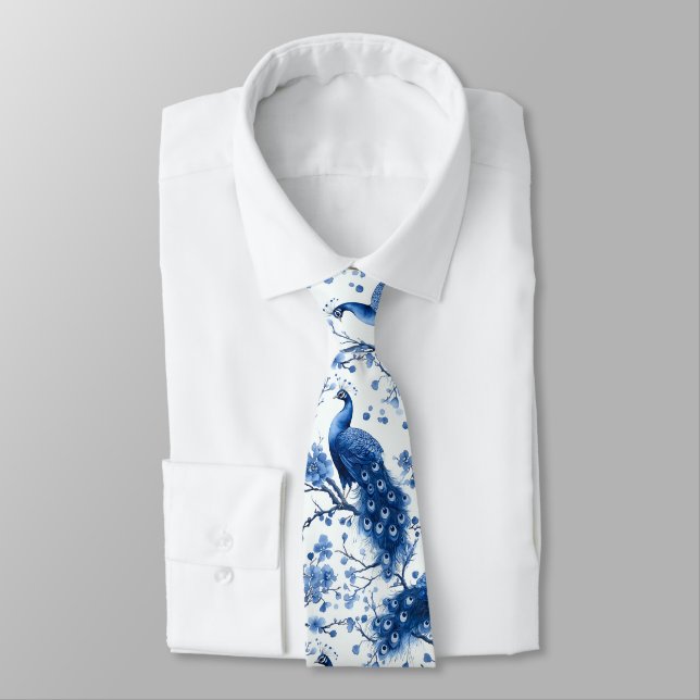 Cravate Vintage bleu français Chinoiserie Aquarelle Peacoc (Attaché)