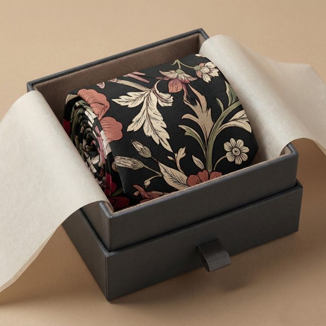 Cravate Vintage Botanical Dark Background (#MensFashion
#LuxuryStyle
#Necktie
#FloralTie
#VictorianStyle
#BotanicalPattern
#DarkFloral
#Elegant)