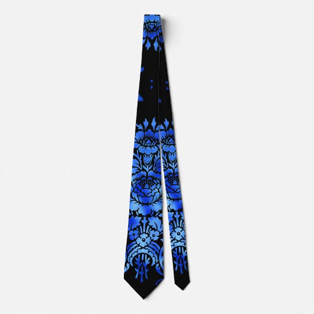 Cravate Vintage Damas Floral Bleu noir (Devant)