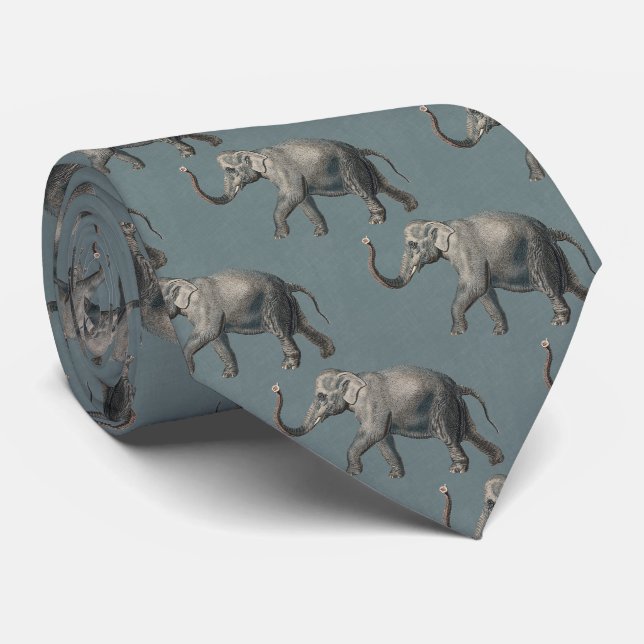 Cravate Vintage Elephant Pattern on Blue Linen (Roulé)