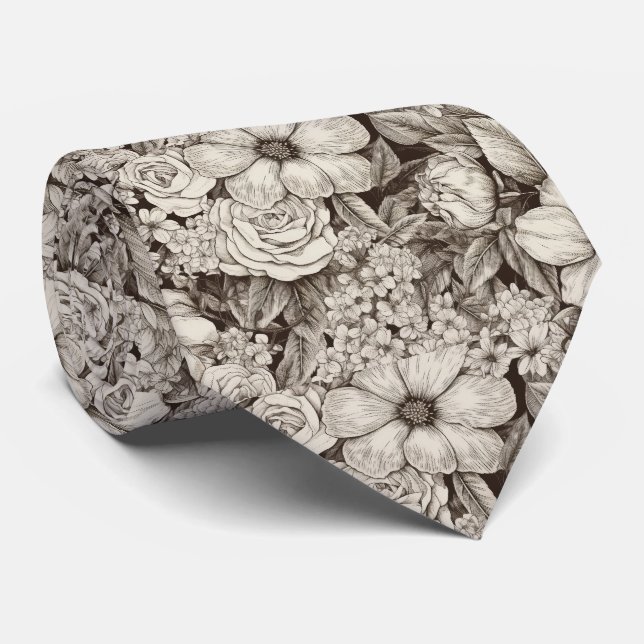 Cravate Vintage Floral Sepia Motif (1) (Roulé)