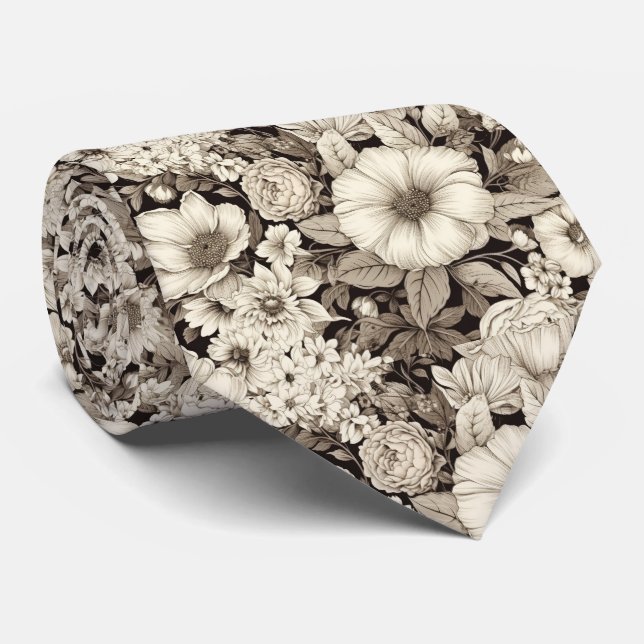 Cravate Vintage Floral Sepia Motif (12) (Roulé)