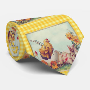 Cravate Vintage lapin et poussin de Pâques en Chèques Buff