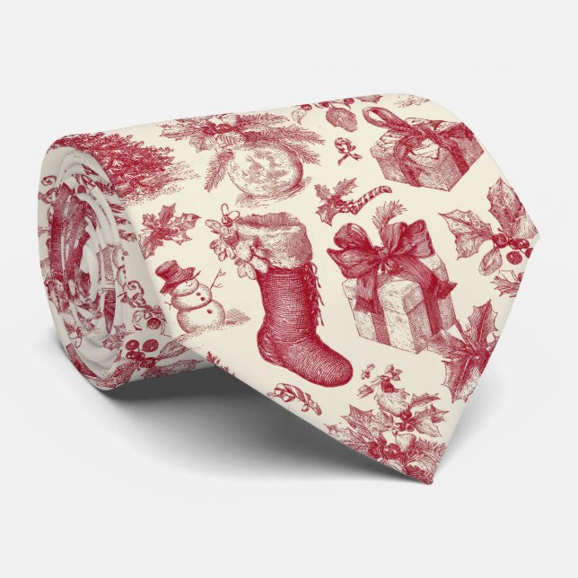 Cravate Vintage Red Toile Christmas Pattern with Stockings (Roulé)