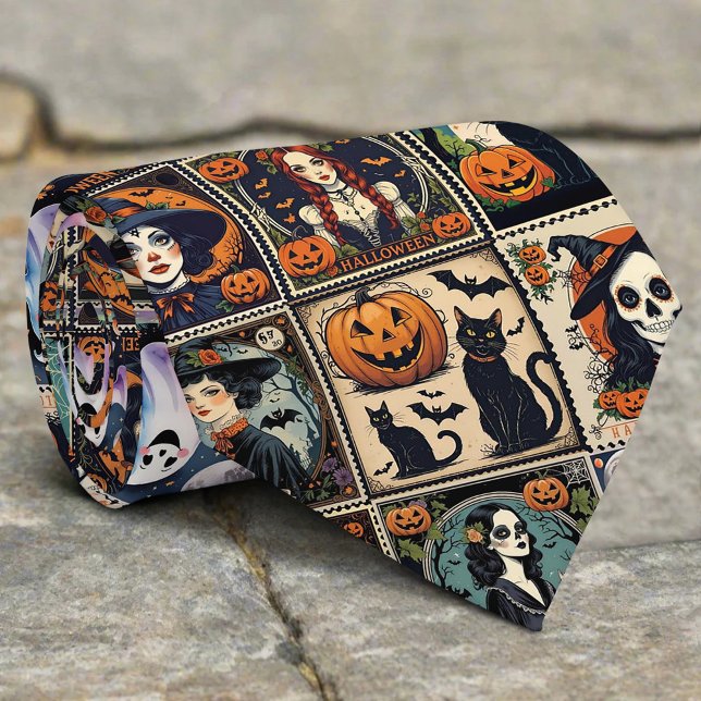 Cravate Vintage Retro Pumpkin Witch Halloween Pattern (Créateur téléchargé)