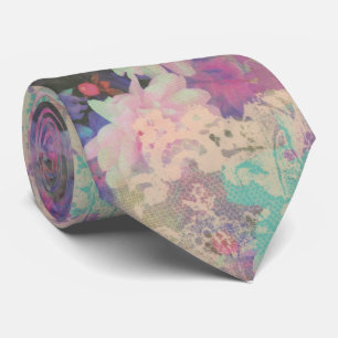 Cravate Vintage rose violet dentelle belle fleur florale