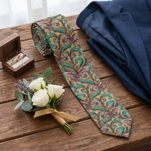 Cravate Violet Pourpre Sarcelle Bleu Vert Or Motif Paisley