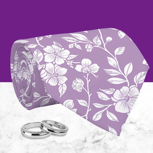 Cravate Violet Poussiéreux et Chinoiserie Florale Blanche  (Créateur téléchargé)