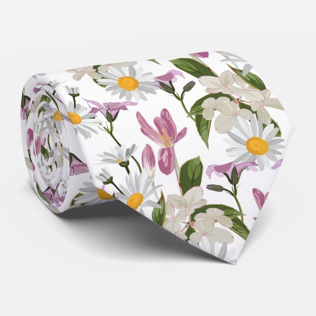 Cravate Violette rose fleurs sauvages tropicales de margue (Roulé)