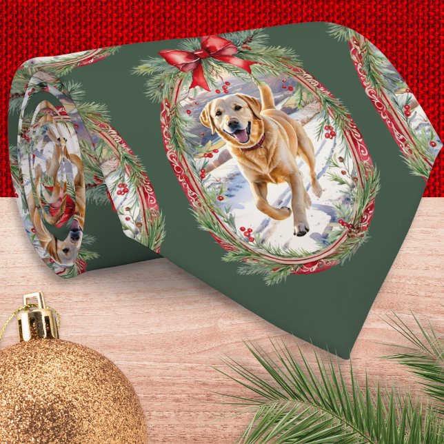 Cravate Votre chien animal de compagnie photo Motif Festin (A festive Christmas necktie to customize with your own pet dog photo on a green background)