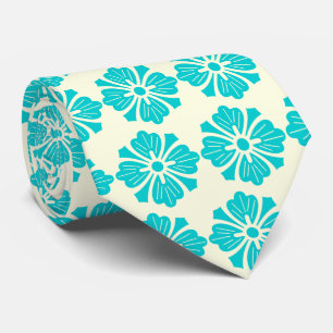 Cravate Wallstreet Hibiscus Foulard Ecru & Turq Deux faces