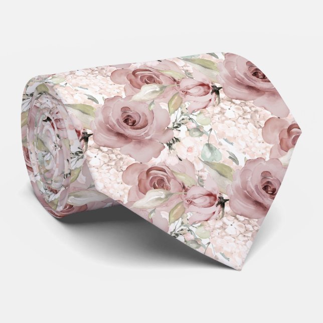 Cravate Watercolor Dusty Roses Hydrangeas DIY background (Roulé)