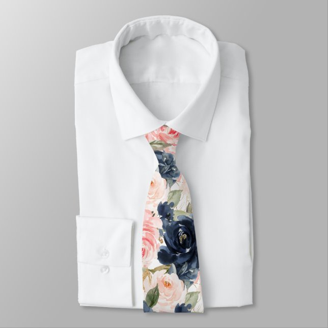 Cravate Watercolor Flowers Navy Blue Blush Pink Roses   (Attaché)