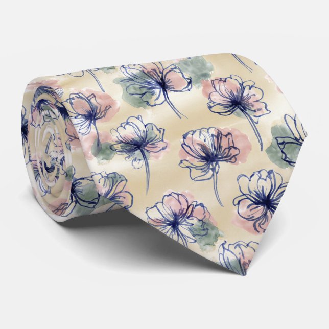 Cravate Watercolor Line Floral Pattern (Roulé)