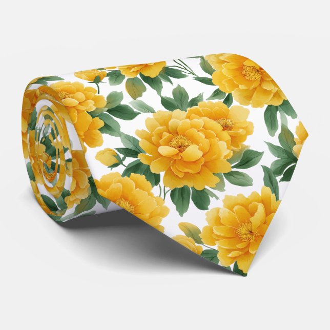 Cravate Watercolor Yellow Peony Floral Pattern (Roulé)