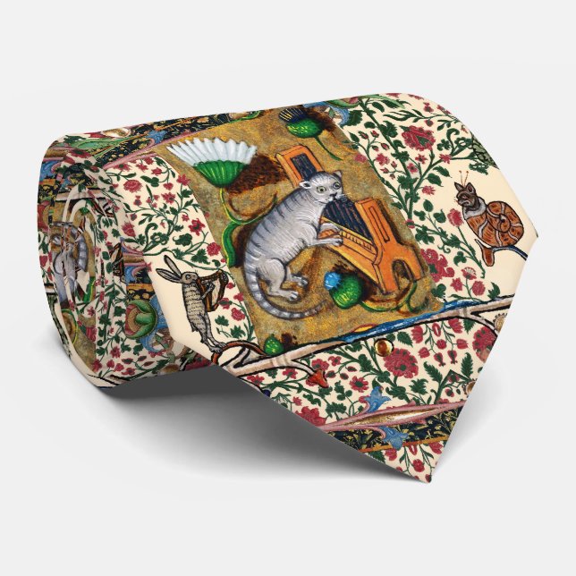 CRAVATE WEIRD MÉDIÉVAL BESTIAIRE MUSIQUE, CAT JOUER ORGE (Roulé)