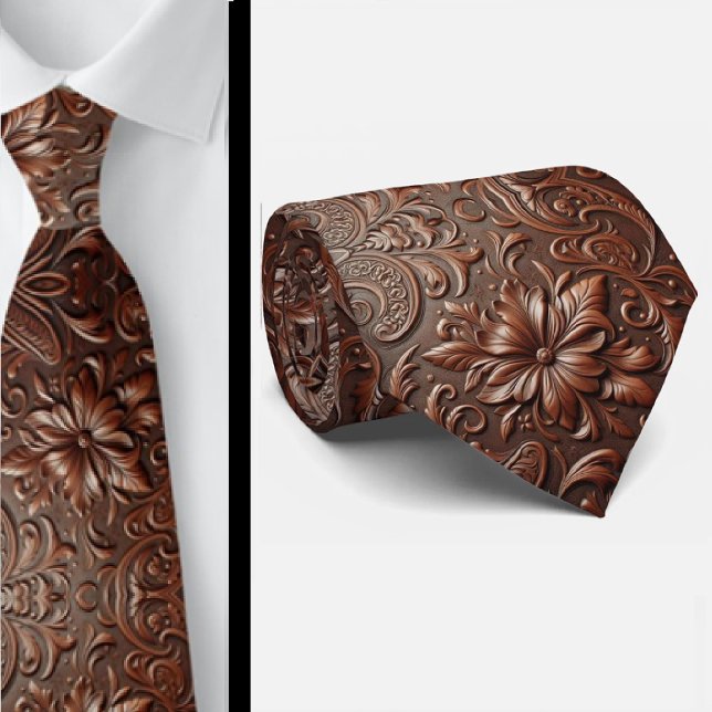 Cravate Western Brown Faux Leather Tooled Retro Mens Tie (Créateur téléchargé)