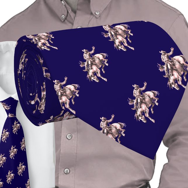 Cravate Western Rodeo Cowboy Bronc Rider Bronze sur bleu (Western Rodeo Cowboy Bronc Riding Men's Necktie Bareback Riding Bucking Horse)