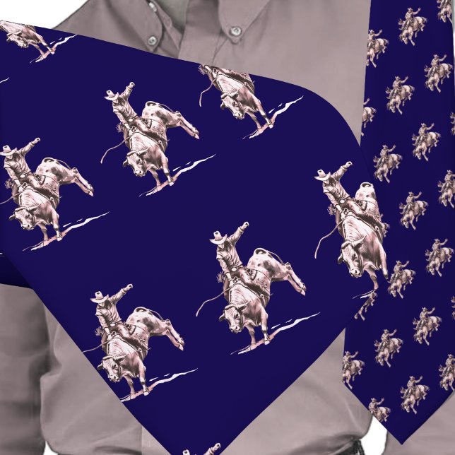Cravate Western Rodeo Cowboy Bull Riding Bronze sur Bleu (Western Rodeo Cowboy Bull Rider Men's Necktie)