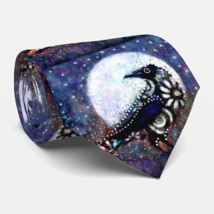 Cravate Whimsical Raven Lune Floral Noir Blanc Bleu