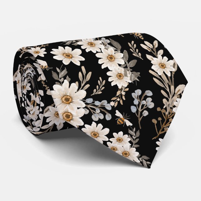 Cravate White Daisies Floral Pattern Black  (Roulé)