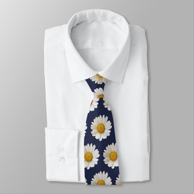 Cravate White Daisies Pattern on Dark Blue Neck Tie (Attaché)