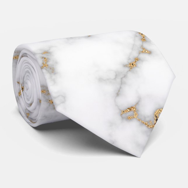 Cravate White Marble Grey and Gold Veining Wedding (Roulé)