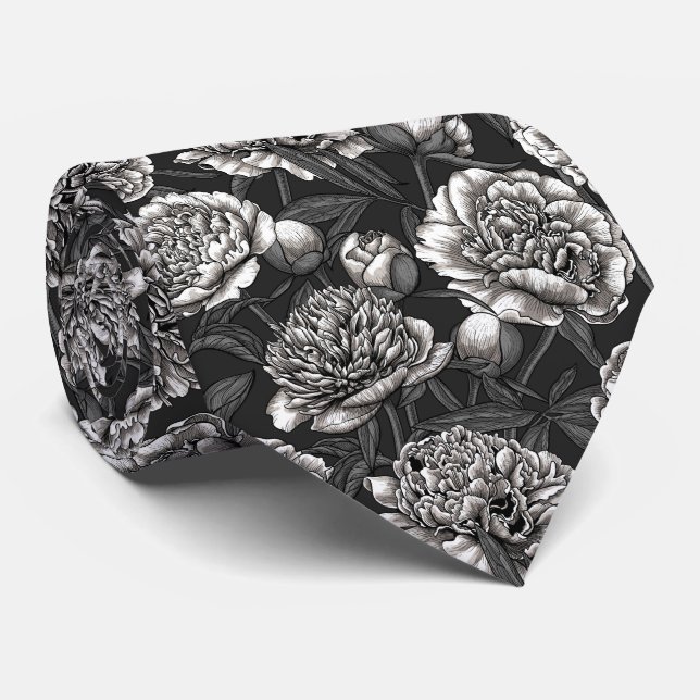 Cravate White peony flowers on dark gray (Roulé)