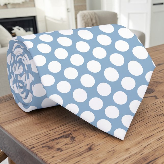 Cravate White Polka Dots on Baby Blue Custom Necktie (Créateur téléchargé)