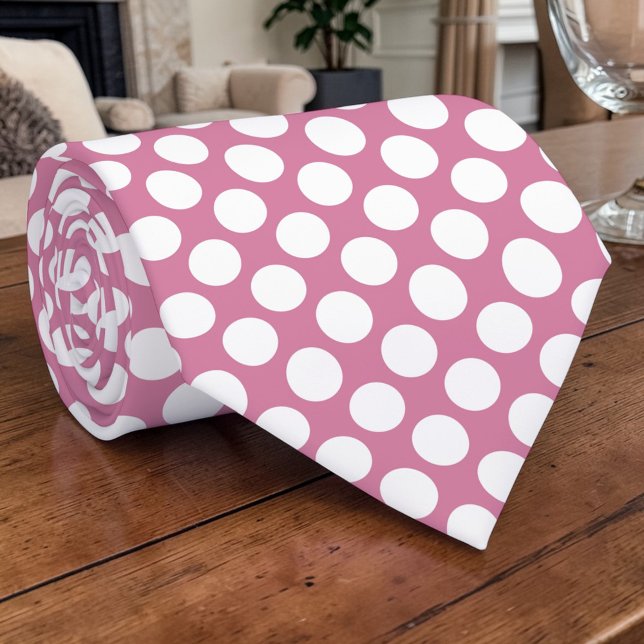 Cravate White Polka Dots on Dusty Pink Custom Necktie (Créateur téléchargé)