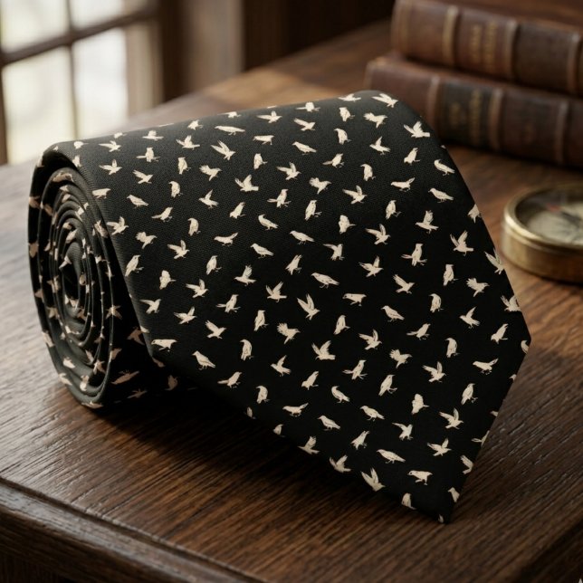Cravate White Raven Bird Pattern – Gothic Groom Gift (White raven gothic black neck tie)