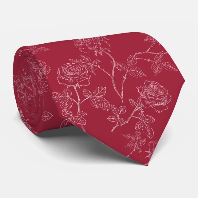 Cravate White roses on burgundy (Roulé)