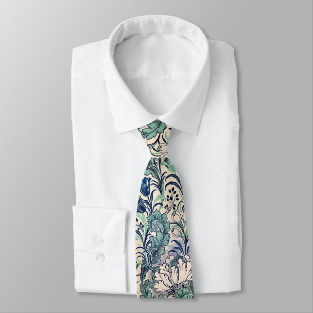 Cravate William Morris Vert Crème Turquoise Motif Floral (Attaché)