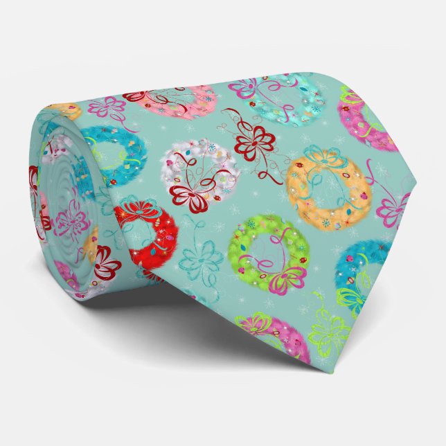 Cravate Wreath rétro - Noël Turquoise (Roulé)