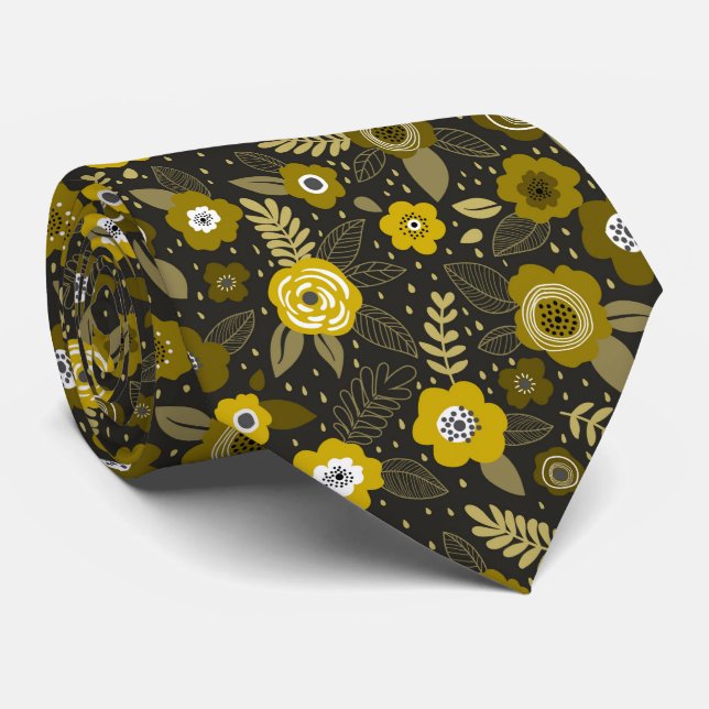Cravate Yellow black elegant ditsy floral pattern (Roulé)