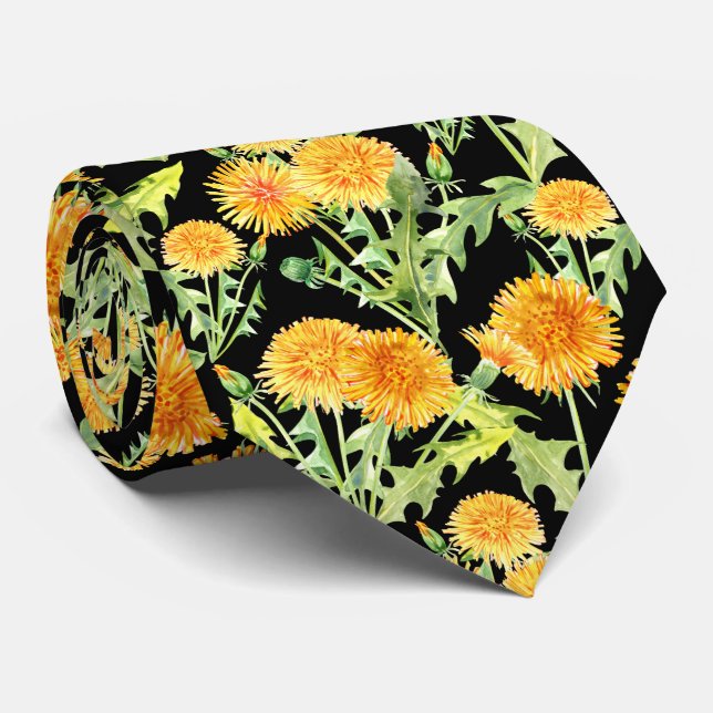 Cravate Yellow Dandelion Flowers on Black (Roulé)