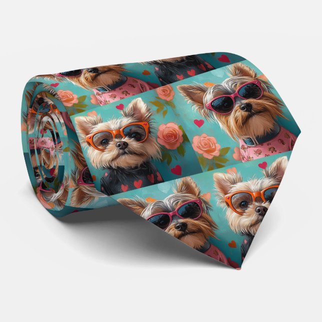 Cravate Yorkshire Terrier avec Roses de cœur pour la Saint (Roulé)