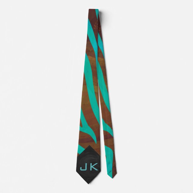 Cravate Zèbre Brown et Turquoise avec Monogramme (Devant)
