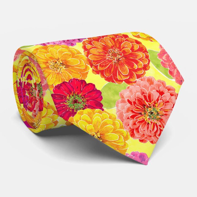 Cravate Zinnia moderne Jaune, Rose, Orange Motif Floral (Roulé)