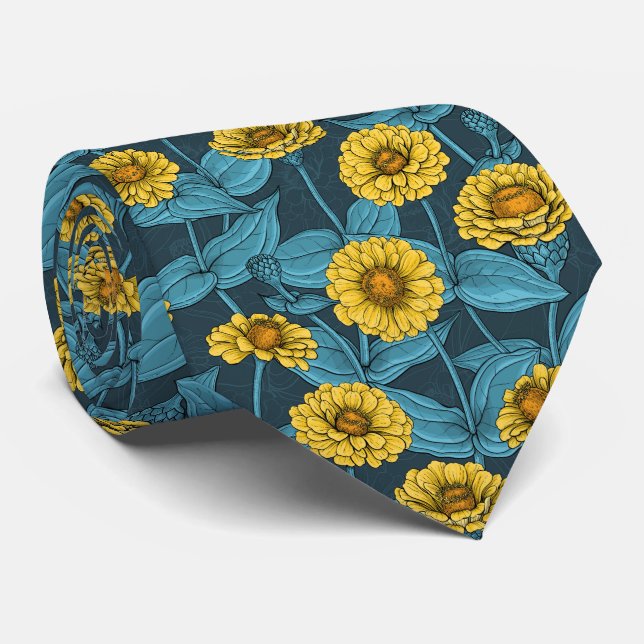 Cravate Zinnias jaune sur bleu foncé (Roulé)