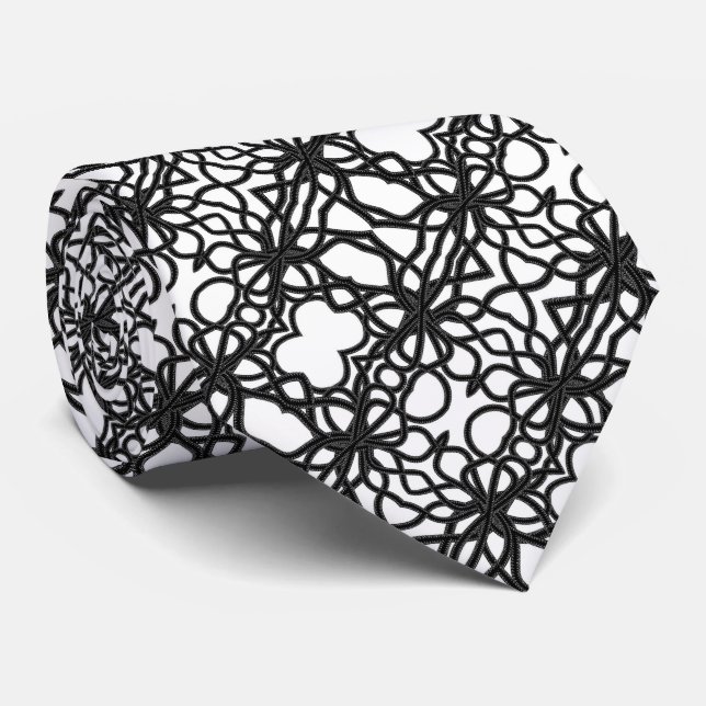 Cravate Zip Tiret noir sur blanc courbe symétrique Motif (Roulé)