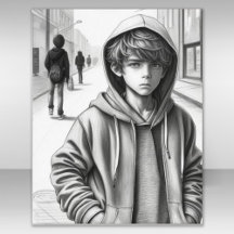 Crayon noir et blanc Dessin Sad Boy AI Art Poster