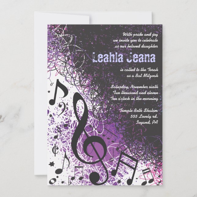 CRAZY MUSICAL NOTES Bar Mitzvah Invitation Violet (Devant)